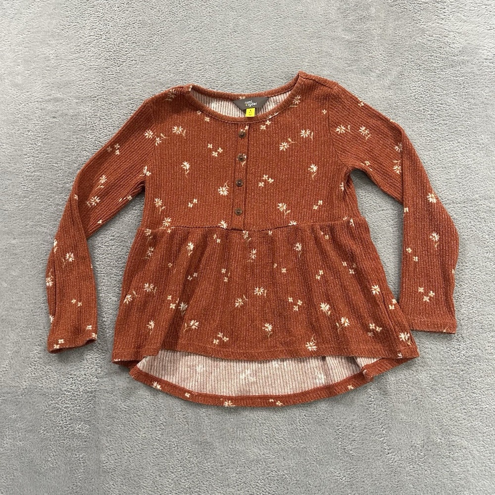 Rumi + Ryder 1/2 Button Top Kids Girls S 6/7 Long Sleeve Orange Floral Cottage